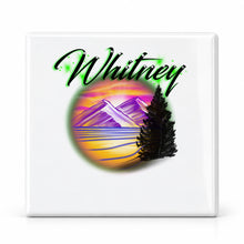 E003 Mountain Lake Landscape ceramic coaster by Mythic Airbrush, original Air-Volution design — main image