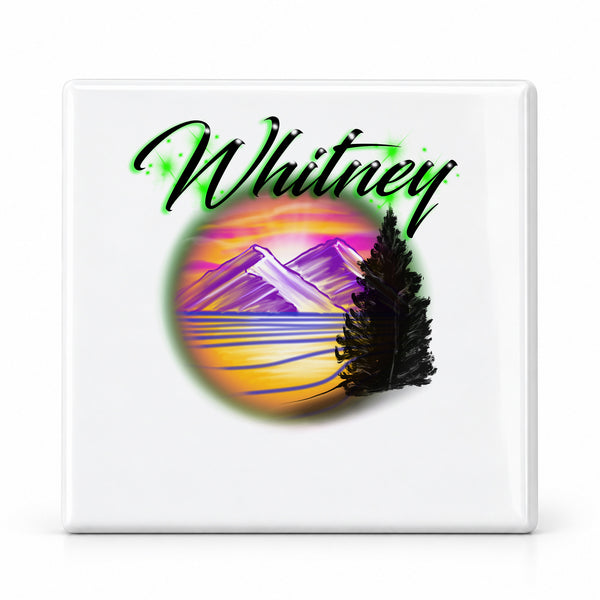 E003 Mountain Lake Landscape ceramic coaster by Mythic Airbrush, original Air-Volution design — main image