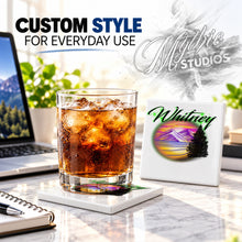 E003 Mountain Lake Landscape ceramic coaster by Mythic Airbrush, original Air-Volution design — product image 2