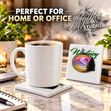 E003 Mountain Lake Landscape ceramic coaster by Mythic Airbrush, original Air-Volution design — product image 4