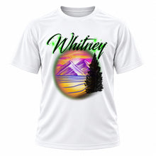 Personalized Mountain Lake Landscape T-Shirt, front-view T-shirt mockup featuring custom Air-Volution artwork by Mythic Airbrush