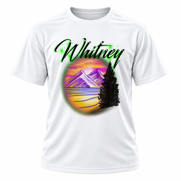 Personalized Mountain Lake Landscape T-Shirt, front-view T-shirt mockup featuring custom Air-Volution artwork by Mythic Airbrush