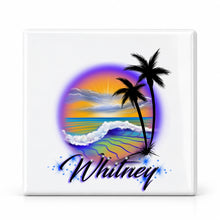 E004 Beach and Ocean Landscape ceramic coaster by Mythic Airbrush, original Air-Volution design — main image