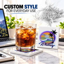 E004 Beach and Ocean Landscape ceramic coaster by Mythic Airbrush, original Air-Volution design — product image 2
