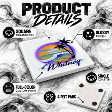 E004 Beach and Ocean Landscape ceramic coaster by Mythic Airbrush, original Air-Volution design — product image 3