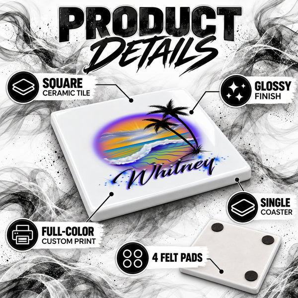 E004 Beach and Ocean Landscape ceramic coaster by Mythic Airbrush, original Air-Volution design — product image 3