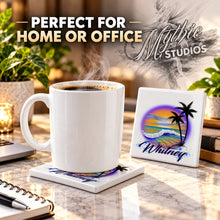E004 Beach and Ocean Landscape ceramic coaster by Mythic Airbrush, original Air-Volution design — product image 4