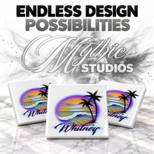 E004 Beach and Ocean Landscape ceramic coaster by Mythic Airbrush, original Air-Volution design — product image 6