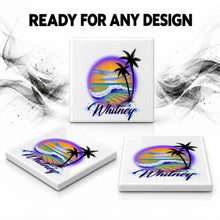 E004 Beach and Ocean Landscape ceramic coaster by Mythic Airbrush, original Air-Volution design — product image 7