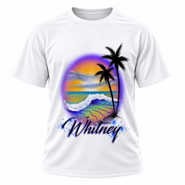 Personalized Beach and Ocean Landscape T-Shirt, front-view T-shirt mockup featuring custom Air-Volution artwork by Mythic Airbrush
