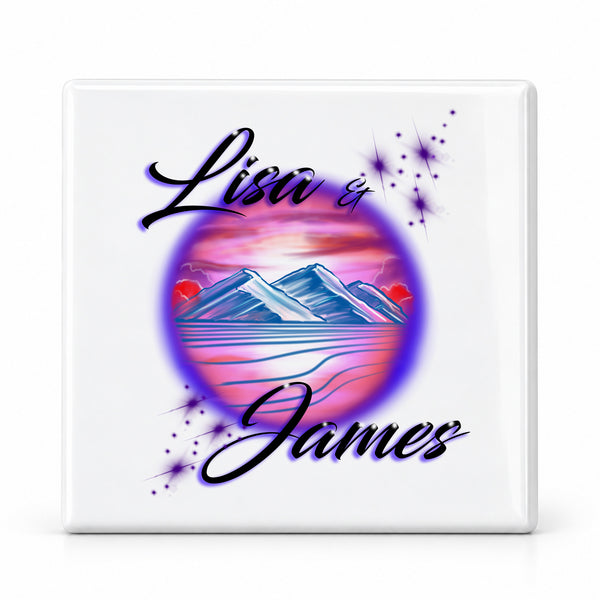 E005 Beach Mountain Water Landscape ceramic coaster by Mythic Airbrush, original Air-Volution design — main image