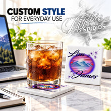 E005 Beach Mountain Water Landscape ceramic coaster by Mythic Airbrush, original Air-Volution design — product image 2