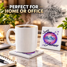 E005 Beach Mountain Water Landscape ceramic coaster by Mythic Airbrush, original Air-Volution design — product image 4