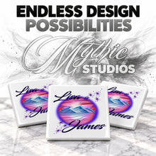 E005 Beach Mountain Water Landscape ceramic coaster by Mythic Airbrush, original Air-Volution design — product image 6