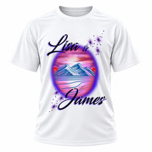 Personalized Beach Mountain Water Landscape T-Shirt, front-view T-shirt mockup featuring custom Air-Volution artwork by Mythic Airbrush