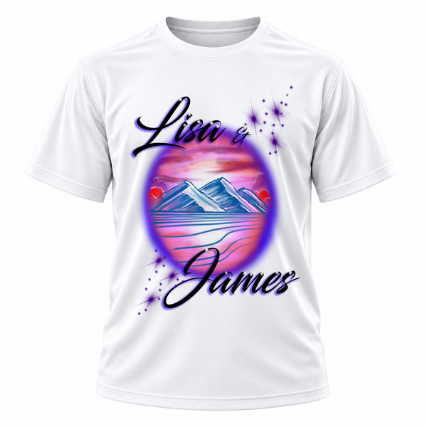 Personalized Beach Mountain Water Landscape T-Shirt, front-view T-shirt mockup featuring custom Air-Volution artwork by Mythic Airbrush