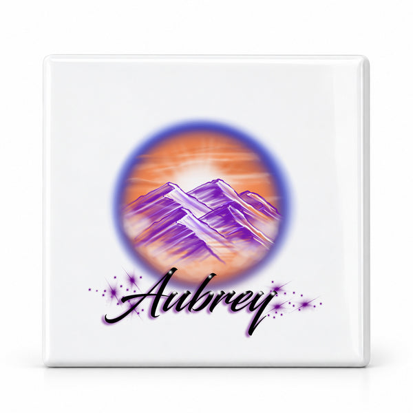 E006 Mountain Water Landscape ceramic coaster by Mythic Airbrush, original Air-Volution design — main image
