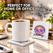 E006 Mountain Water Landscape ceramic coaster by Mythic Airbrush, original Air-Volution design — product image 4