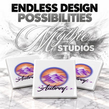 E006 Mountain Water Landscape ceramic coaster by Mythic Airbrush, original Air-Volution design — product image 6