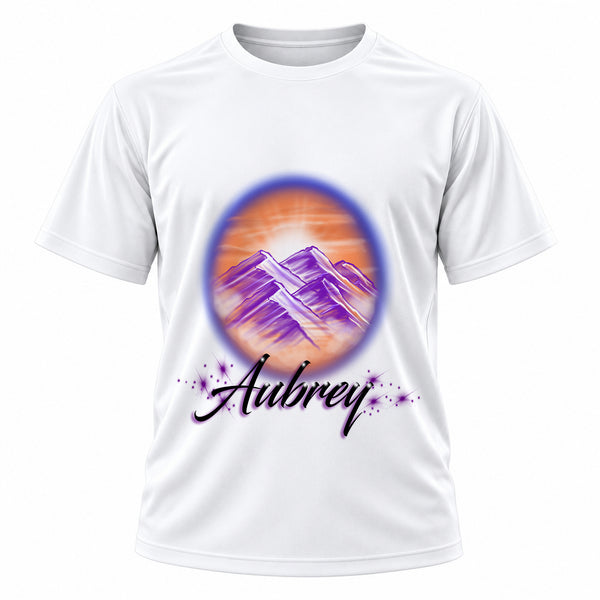 Personalized Mountain Water Landscape T-Shirt, front-view T-shirt mockup featuring custom Air-Volution artwork by Mythic Airbrush