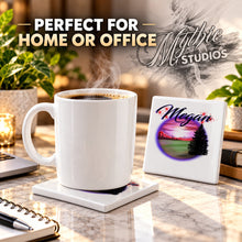 E007 Sunset Mountain Landscape ceramic coaster by Mythic Airbrush, original Air-Volution design — product image 4