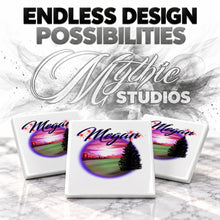 E007 Sunset Mountain Landscape ceramic coaster by Mythic Airbrush, original Air-Volution design — product image 6