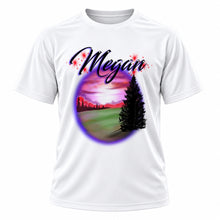 Personalized Sunset Mountain Landscape T-Shirt, front-view T-shirt mockup featuring custom Air-Volution artwork by Mythic Airbrush