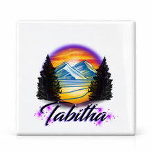 E008 Evergreen Mountain Lake ceramic coaster by Mythic Airbrush, original Air-Volution design — main image
