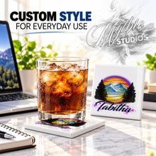 E008 Evergreen Mountain Lake ceramic coaster by Mythic Airbrush, original Air-Volution design — product image 2