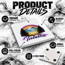E008 Evergreen Mountain Lake ceramic coaster by Mythic Airbrush, original Air-Volution design — product image 3