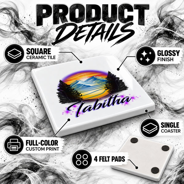 E008 Evergreen Mountain Lake ceramic coaster by Mythic Airbrush, original Air-Volution design — product image 3