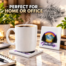 E008 Evergreen Mountain Lake ceramic coaster by Mythic Airbrush, original Air-Volution design — product image 4