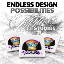 E008 Evergreen Mountain Lake ceramic coaster by Mythic Airbrush, original Air-Volution design — product image 6