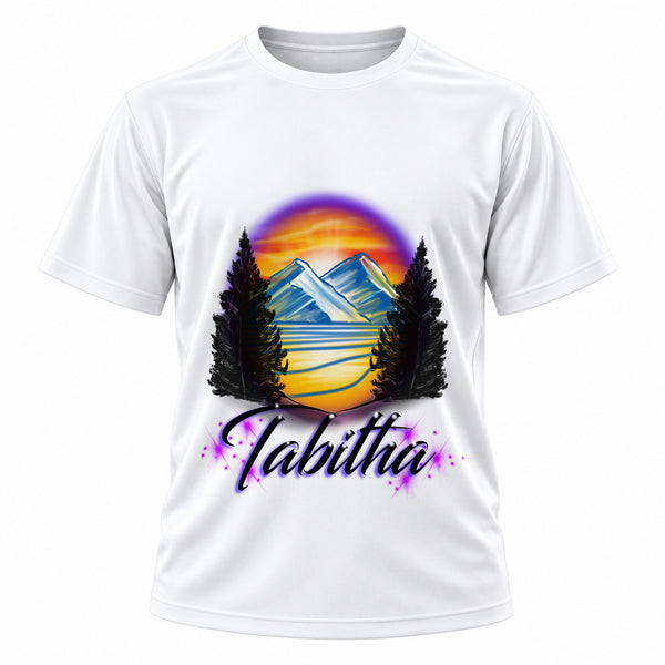 Personalized Evergreen Mountain Lake T-Shirt, front-view T-shirt mockup featuring custom Air-Volution artwork by Mythic Airbrush
