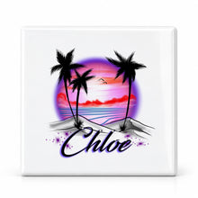 E009 Palm Tree Beach Sunset ceramic coaster by Mythic Airbrush, original Air-Volution design — main image