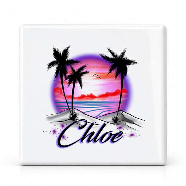 E009 Palm Tree Beach Sunset ceramic coaster by Mythic Airbrush, original Air-Volution design — main image