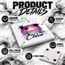 E009 Palm Tree Beach Sunset ceramic coaster by Mythic Airbrush, original Air-Volution design — product image 3