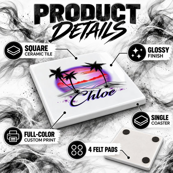 E009 Palm Tree Beach Sunset ceramic coaster by Mythic Airbrush, original Air-Volution design — product image 3