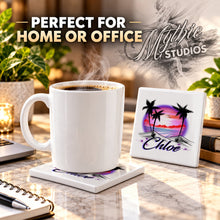 E009 Palm Tree Beach Sunset ceramic coaster by Mythic Airbrush, original Air-Volution design — product image 4