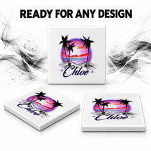 E009 Palm Tree Beach Sunset ceramic coaster by Mythic Airbrush, original Air-Volution design — product image 7