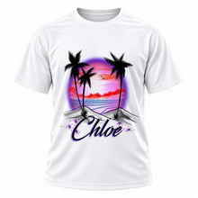 Personalized Palm Tree Beach Sunset T-Shirt, front-view T-shirt mockup featuring custom Air-Volution artwork by Mythic Airbrush