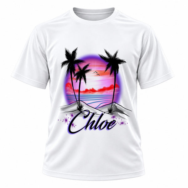 Personalized Palm Tree Beach Sunset T-Shirt, front-view T-shirt mockup featuring custom Air-Volution artwork by Mythic Airbrush