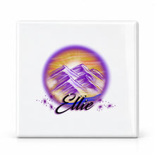 E010 Mountain Lake Sunset ceramic coaster by Mythic Airbrush, original Air-Volution design — main image