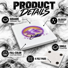 E010 Mountain Lake Sunset ceramic coaster by Mythic Airbrush, original Air-Volution design — product image 3