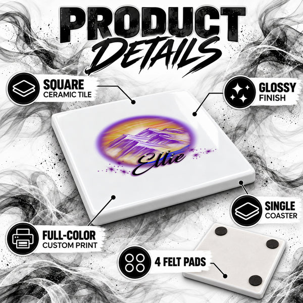 E010 Mountain Lake Sunset ceramic coaster by Mythic Airbrush, original Air-Volution design — product image 3