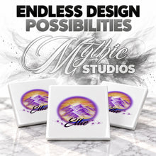 E010 Mountain Lake Sunset ceramic coaster by Mythic Airbrush, original Air-Volution design — product image 6