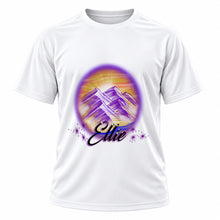 Personalized Mountain Lake Sunset T-Shirt, front-view T-shirt mockup featuring custom Air-Volution artwork by Mythic Airbrush