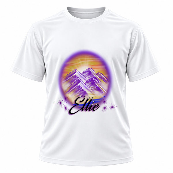 Personalized Mountain Lake Sunset T-Shirt, front-view T-shirt mockup featuring custom Air-Volution artwork by Mythic Airbrush