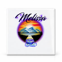 E011 Waterfall Sunset Landscape ceramic coaster by Mythic Airbrush, original Air-Volution design — main image
