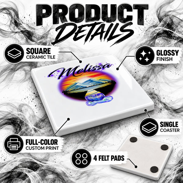 E011 Waterfall Sunset Landscape ceramic coaster by Mythic Airbrush, original Air-Volution design — product image 3